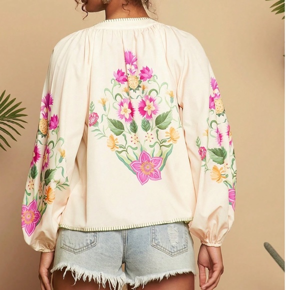 Boho Floral Print Neck Tie Long Sleeve Oversized Blouse - Picture 2 of 6